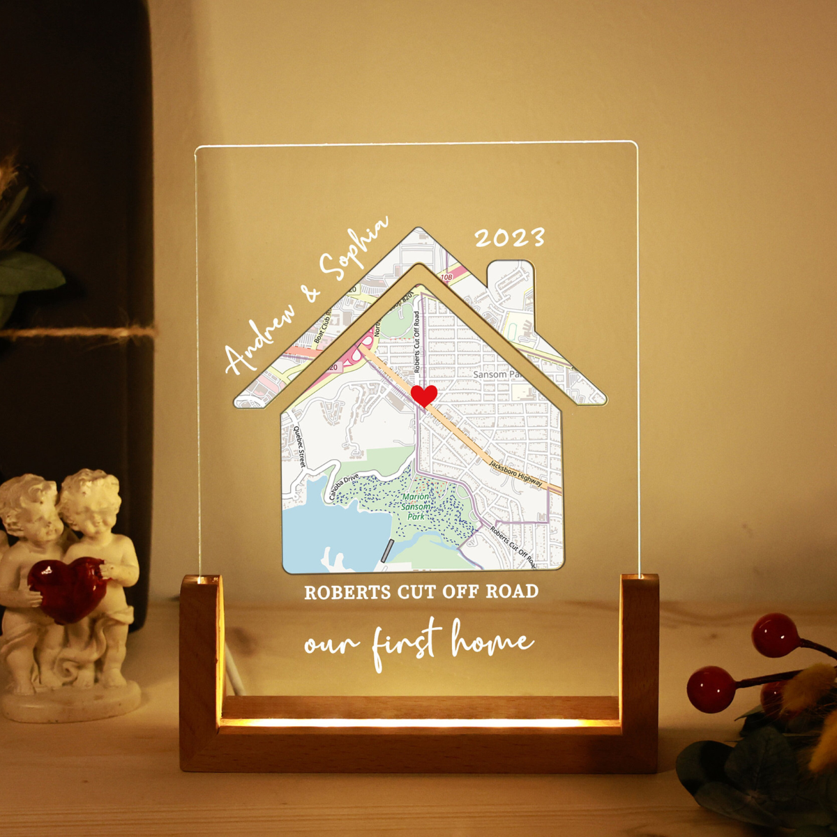 Our First Home - Personalized Desk Name Plate Night Light - Gift For Couple