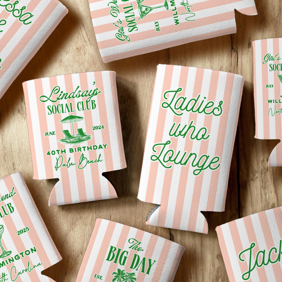 Social Club Party Favor Can Coolers Customizable with Striped Design, Event Icons, and Personal Details