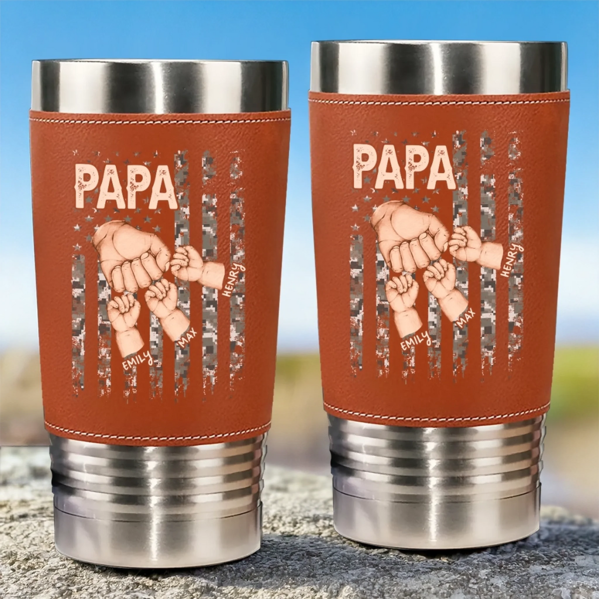The Hand That Guides Us - Personalized Leather Tumbler - Father's Day, Gift For Dad, Grandpa, Family Members
