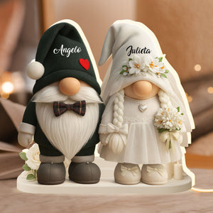 Groom And Bride Gnome With Hearts And Flowers - Personalized Acrylic LED Light Box - Valentine's Day Gift For Couples