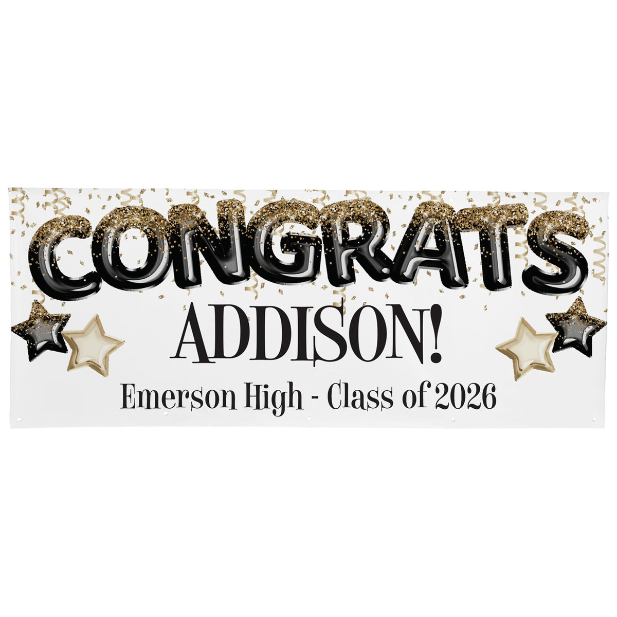 Personalized Graduation Banner, Congrats Graduate Custom Name & School Yard Party Decoration with Black & Gold Balloon Style Design