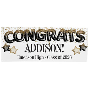 Personalized Graduation Banner, Congrats Graduate Custom Name & School Yard Party Decoration with Black & Gold Balloon Style Design