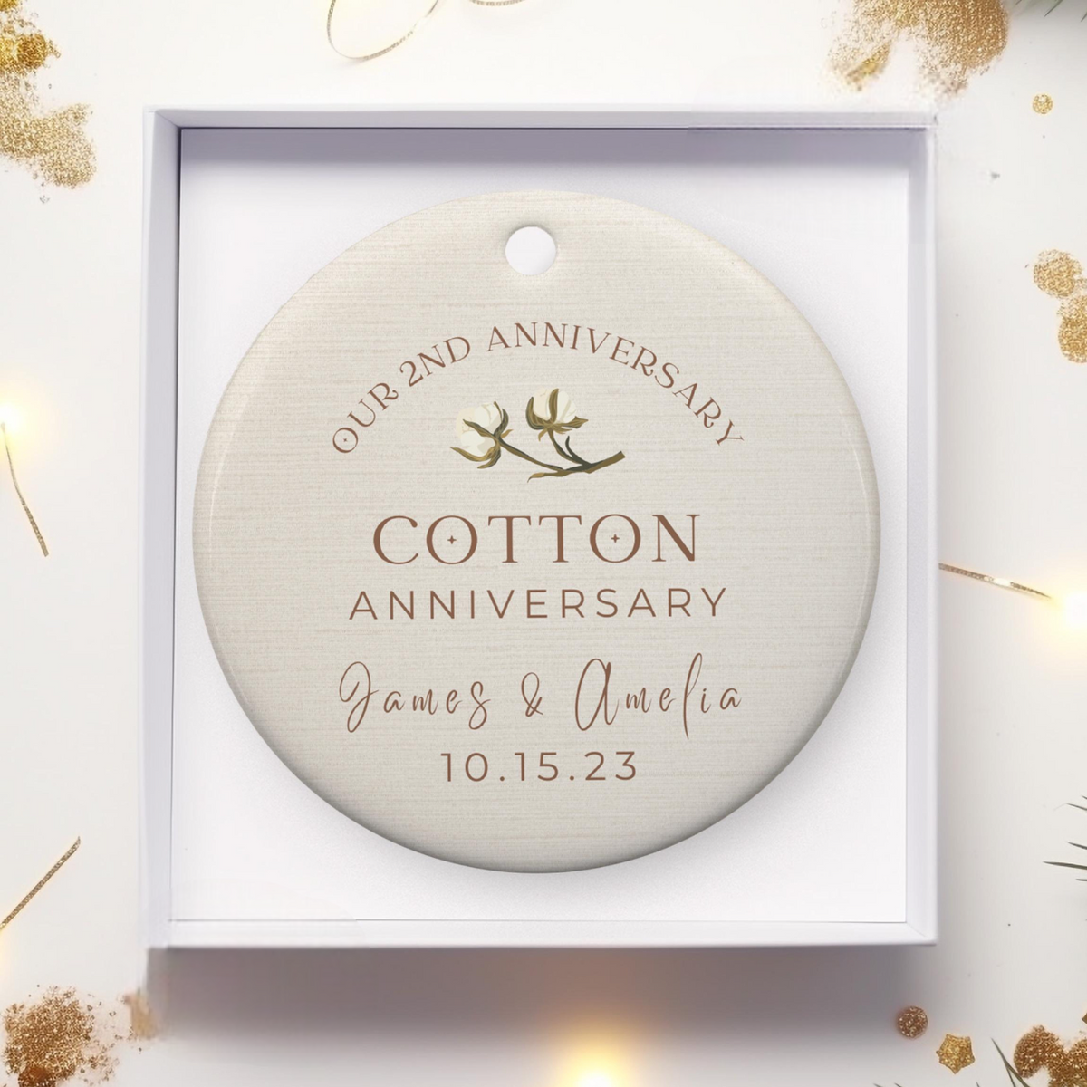 Personalized 2nd Anniversary Ornament, Cotton Wedding Anniversary Gift, Two Year Anniversary Ceramic Ornament, 2nd Year Gift For Husband Wife