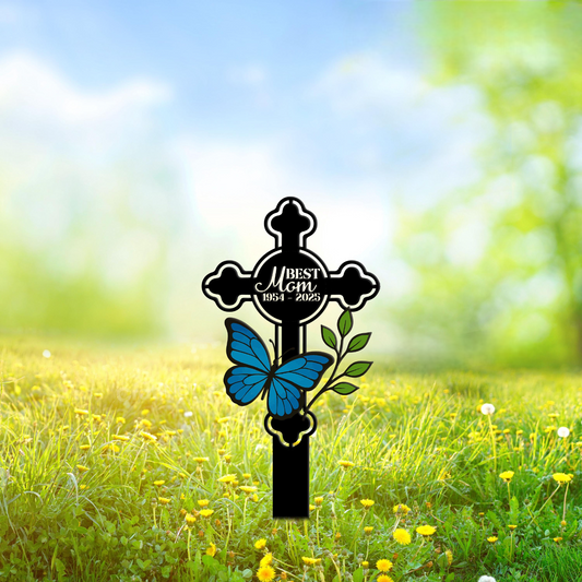 Personalized Mom Memorial Cross Stake, Metal Grave Marker, In Loving Memory Garden Sign, Loss of Mother Plaque with Stake