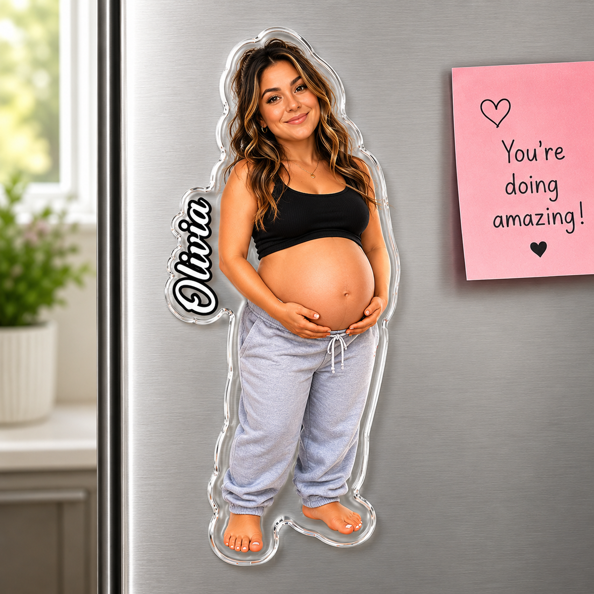 New Mom Acrylic Fridge Magnet Soft Rubber Belly, Personalized Shape Fridge Magnet for Refrigerator, Baby Shower & Pregnancy Announcement Gift