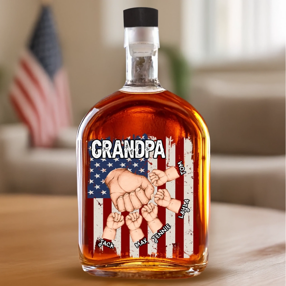 American Flag Papa & Kids Fist Bump - Personalized Whiskey Bottle - Father's Day, Gift For Dad, Grandpa