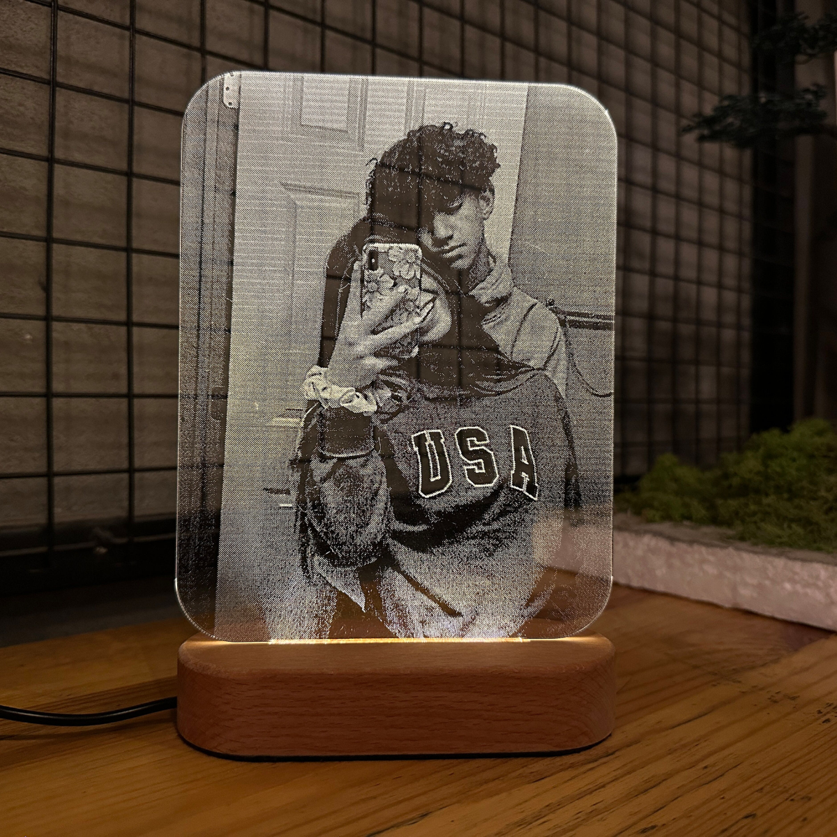 Custom Picture Night Light Wooden Base, Anniversary Gift For Couple, Wedding Gift Couple