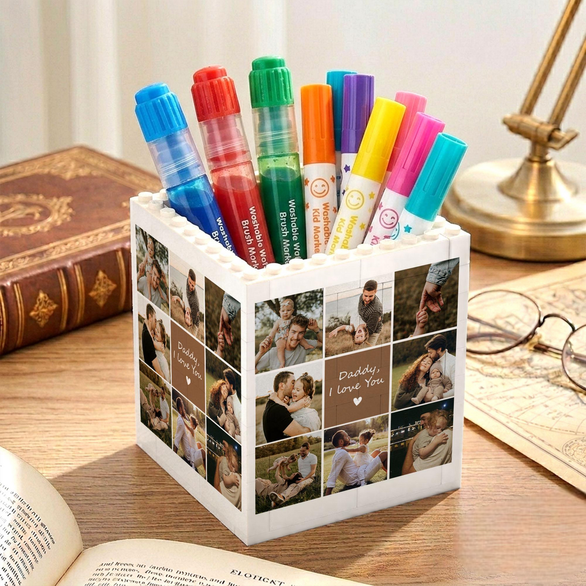Custom Unique Gift for Dad, Photo Collage Building Block Pen Holder, Dad And Me Photo Blocks, Bricks Puzzle Fathers Day, Gift For Husband