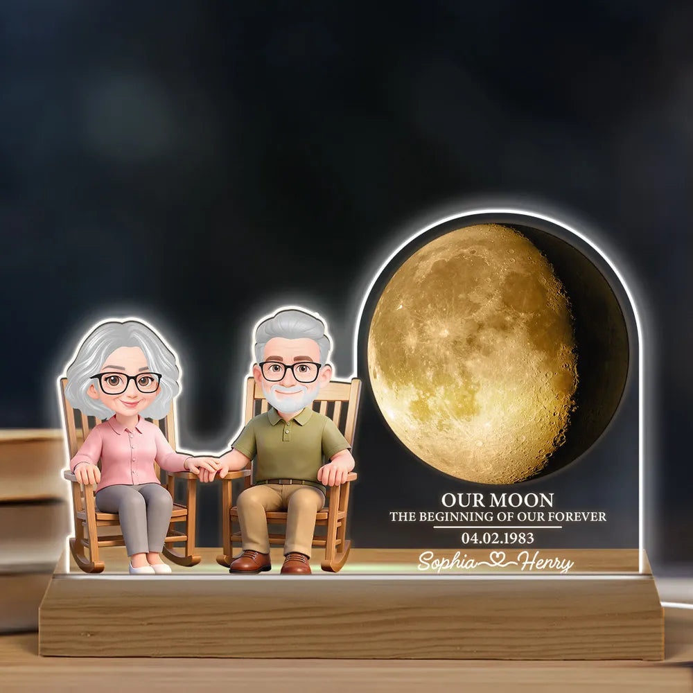 Old Couple Sitting On Rocking Chair Custom Moon Phase - Personalized 3D LED Light - Valentine's Day, Anniversary Gift For Couple