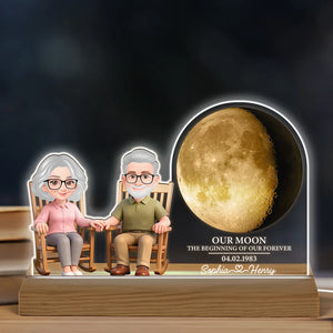 Old Couple Sitting On Rocking Chair Custom Moon Phase - Personalized 3D LED Light - Valentine's Day, Anniversary Gift For Couple