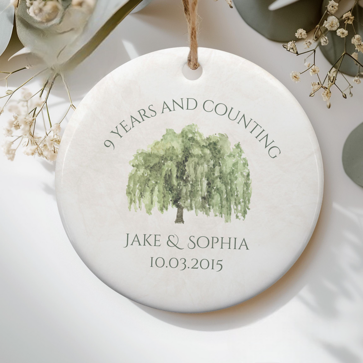 Personalized 9th Anniversary Ornament, Willow Wedding Anniversary Gift, Ninth Year Anniversary Ceramic Ornament, 9 Years Married Keepsake Gift