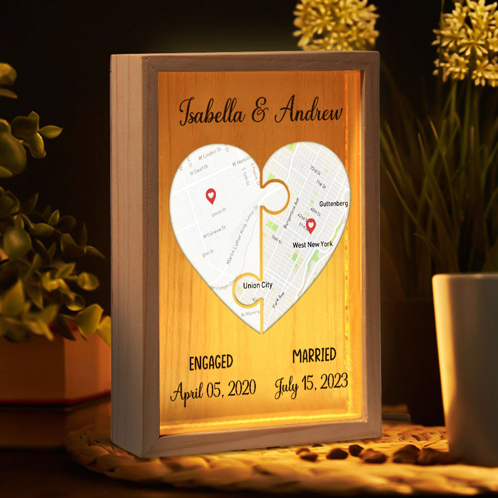 Custom Locations Heart Puzzle Map - Personalized Frame Light Box - Anniversary Gift, Valentine's Day Gift For Couple