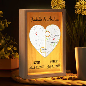 Custom Locations Heart Puzzle Map - Personalized Frame Light Box - Anniversary Gift, Valentine's Day Gift For Couple