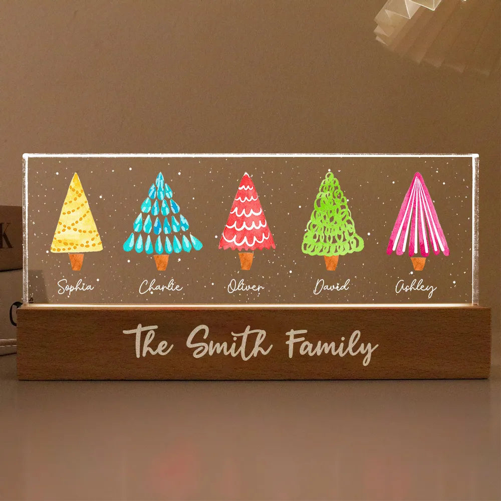 Colorful Christmas Tree Family Personalized Acrylic Block LED Night Light, Christmas Gift For Family