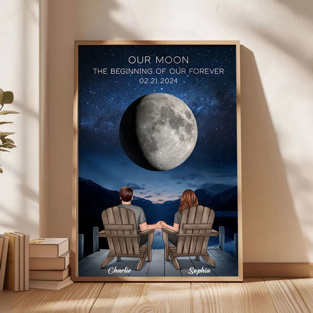 Our Moon Couple Back View Moon Phase - Personalized Canvas - Anniversary Gift For Him, Gift For Her