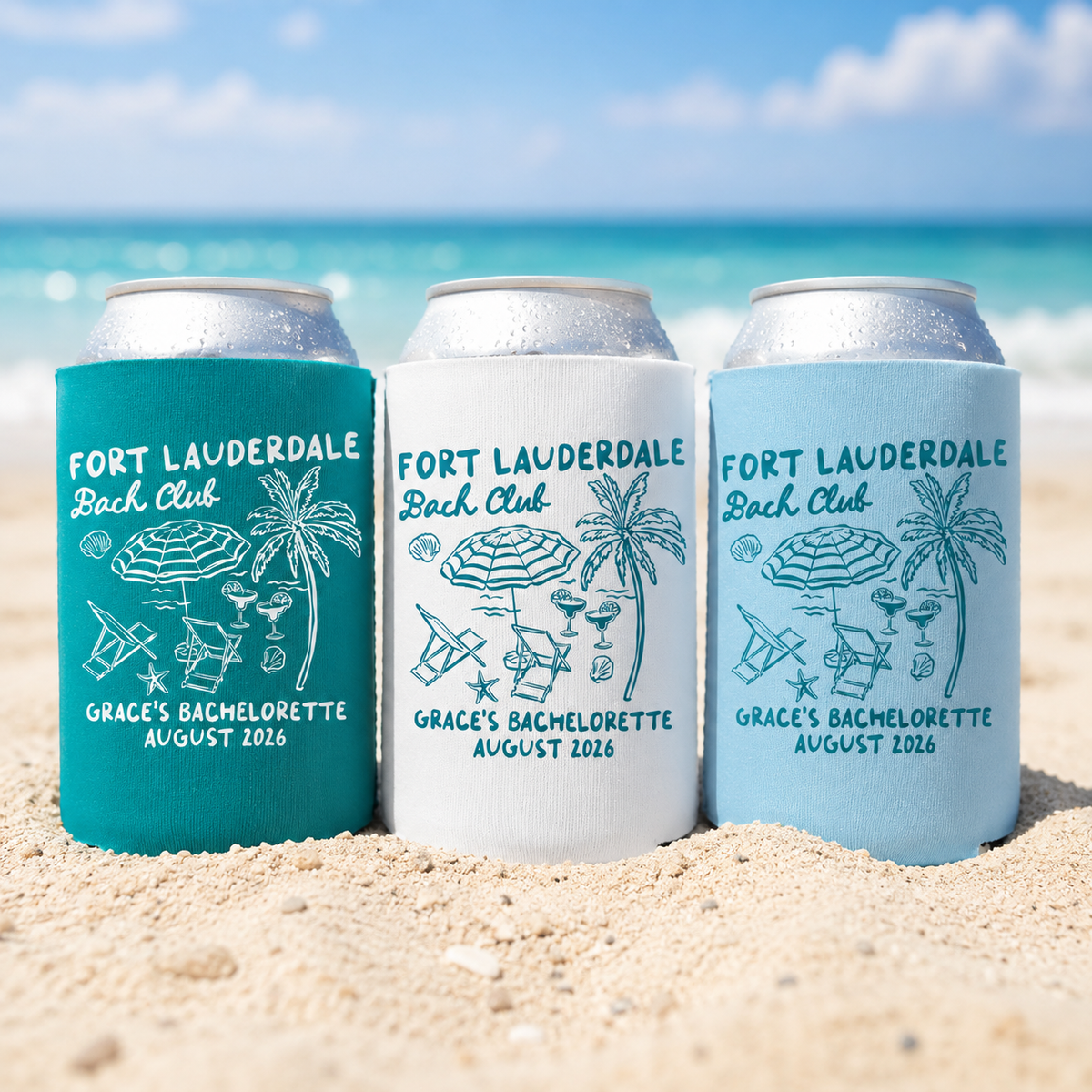 Fort Lauderdale Bachelorette Can Coolers, Coastal Personalized Can Sleeves, Custom Beach Coastal Bachelorette Party Favors