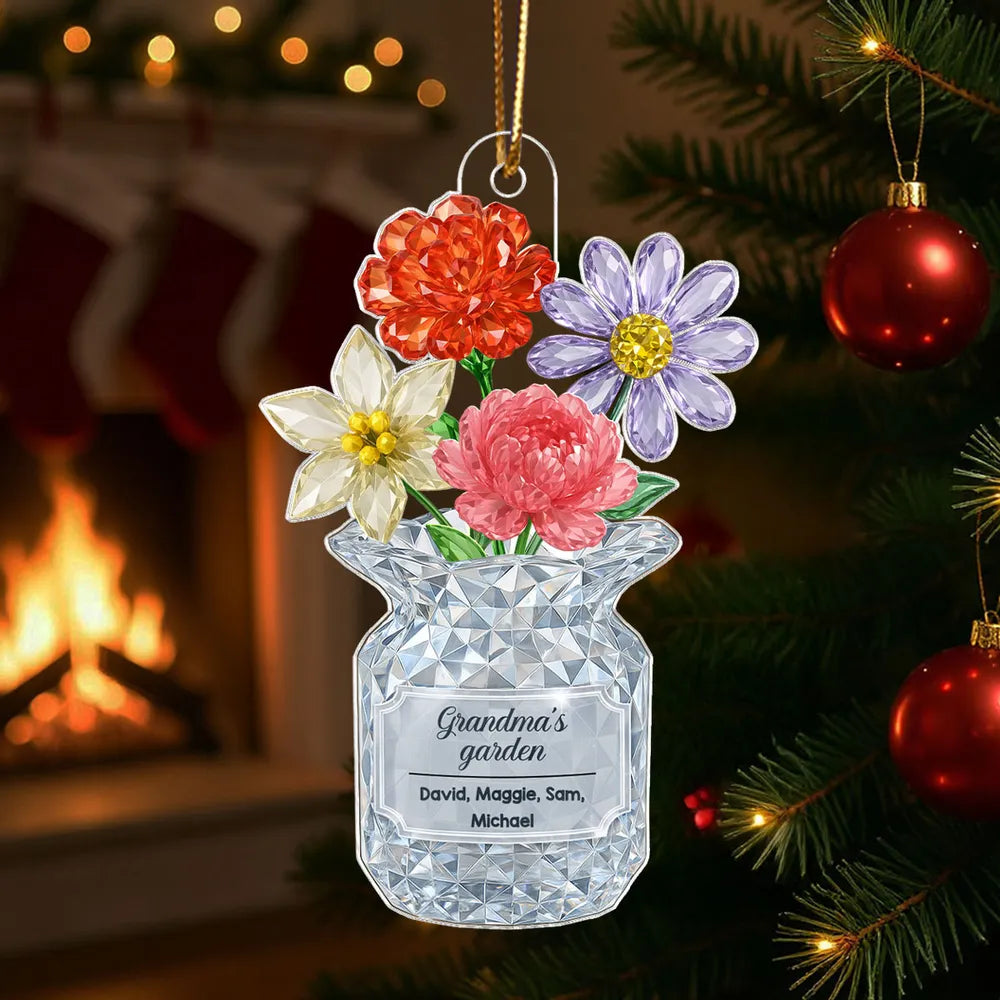 Grandma's Garden Birth Month Flower Vase 3D Crystal Effect, Personalized Acrylic Ornament, Christmas Gift Grandma