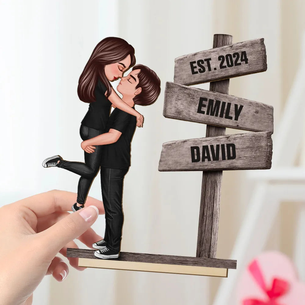 Kissing Couple Beside Directional Signs Personalized Wooden Plaque, Heartfelt Gift For Couple, Valentine's Day Gift