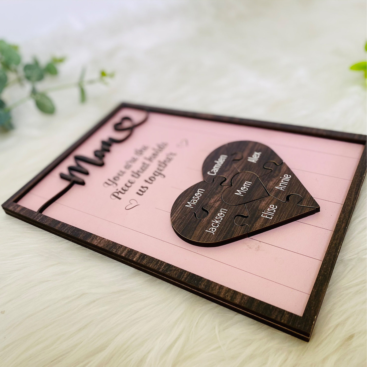 Personalized Puzzle Mom Sign Mother's Day, Love Heart Engrave With Pink Background, Gifts From Kids, Wooden Sign, Puzzle Pieces