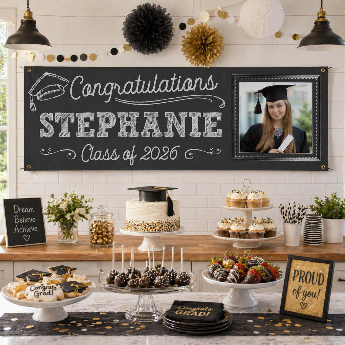 Personalized Chalkboard Graduation Banner with Photo, Custom Name Class of 2026 Congrats Grad Party Decoration
