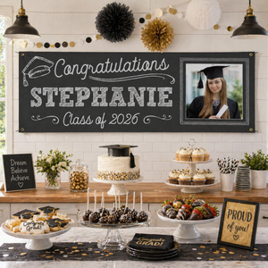Personalized Chalkboard Graduation Banner with Photo, Custom Name Class of 2026 Congrats Grad Party Decoration