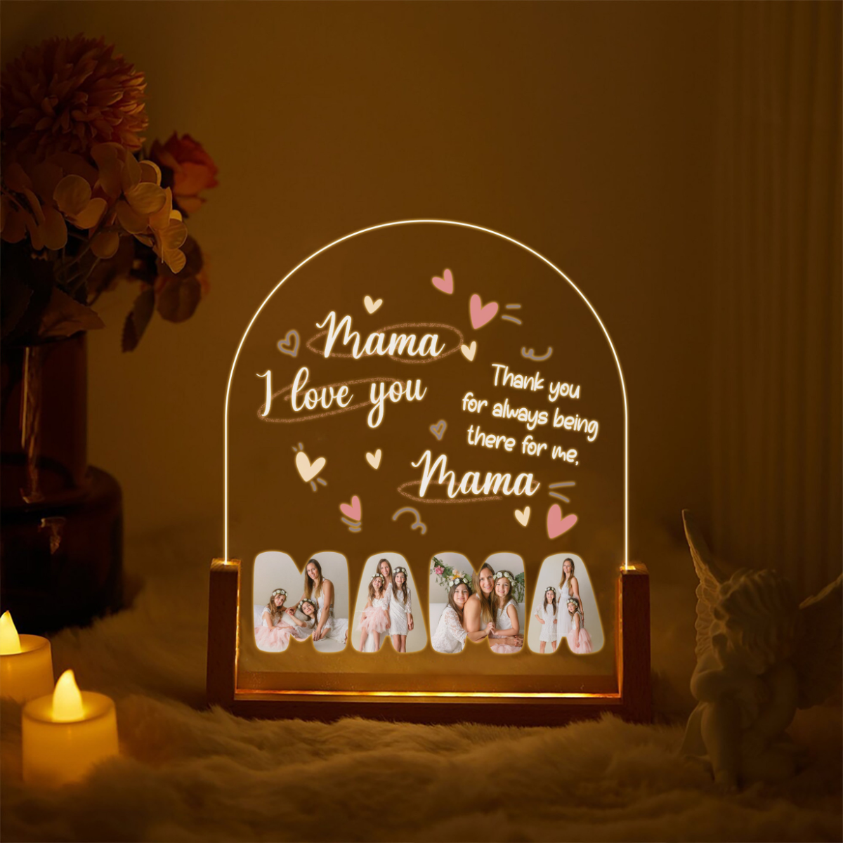I Love You Mama - Personalized Photo Mom Plaque Light with Stand Gifts for Mom, Grandma, 3D LED Light Wooden Base