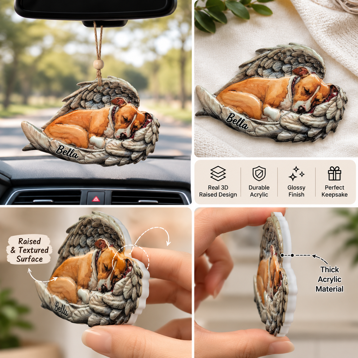 Personalized Watercolor Photo Dog Loss Memorial Real 3D Raised Ornament, Sleeping Pet Within Angel Wings, Loss Pet Gifts, Dog Lovers Gift