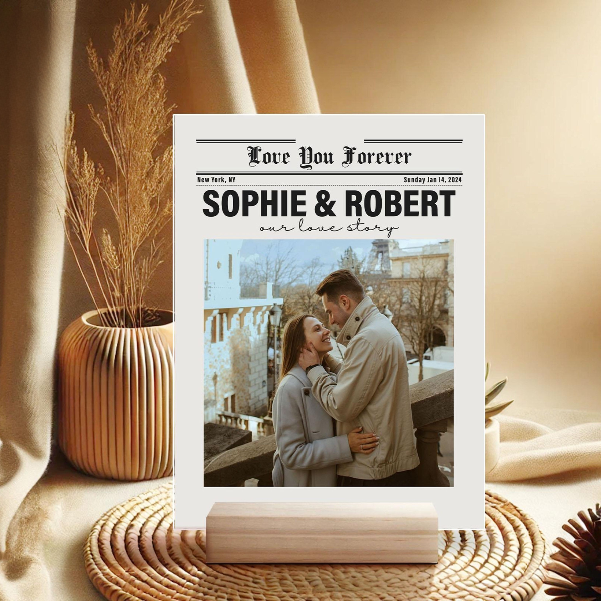 Personalized Couple Newspaper Acrylic Plaque, Valentines Day Gift, Custom Photo Collage Night Light, Gifts For Him, Her, Anniversary Gifts