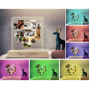 Couple Photo Collage, Personalized LED Light Wooden Base, Valentine Day Gifts For Him Her, Gift for Couples, Anniversary Gift