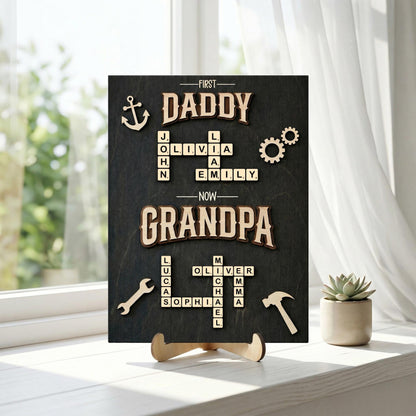 Personalized Scrabble Family Name Sign, First Dad Now Grandpa Wooden Frame, Fathers Day Gift For Grandpa With Kids Name,Dad Puzzle Sign Gift