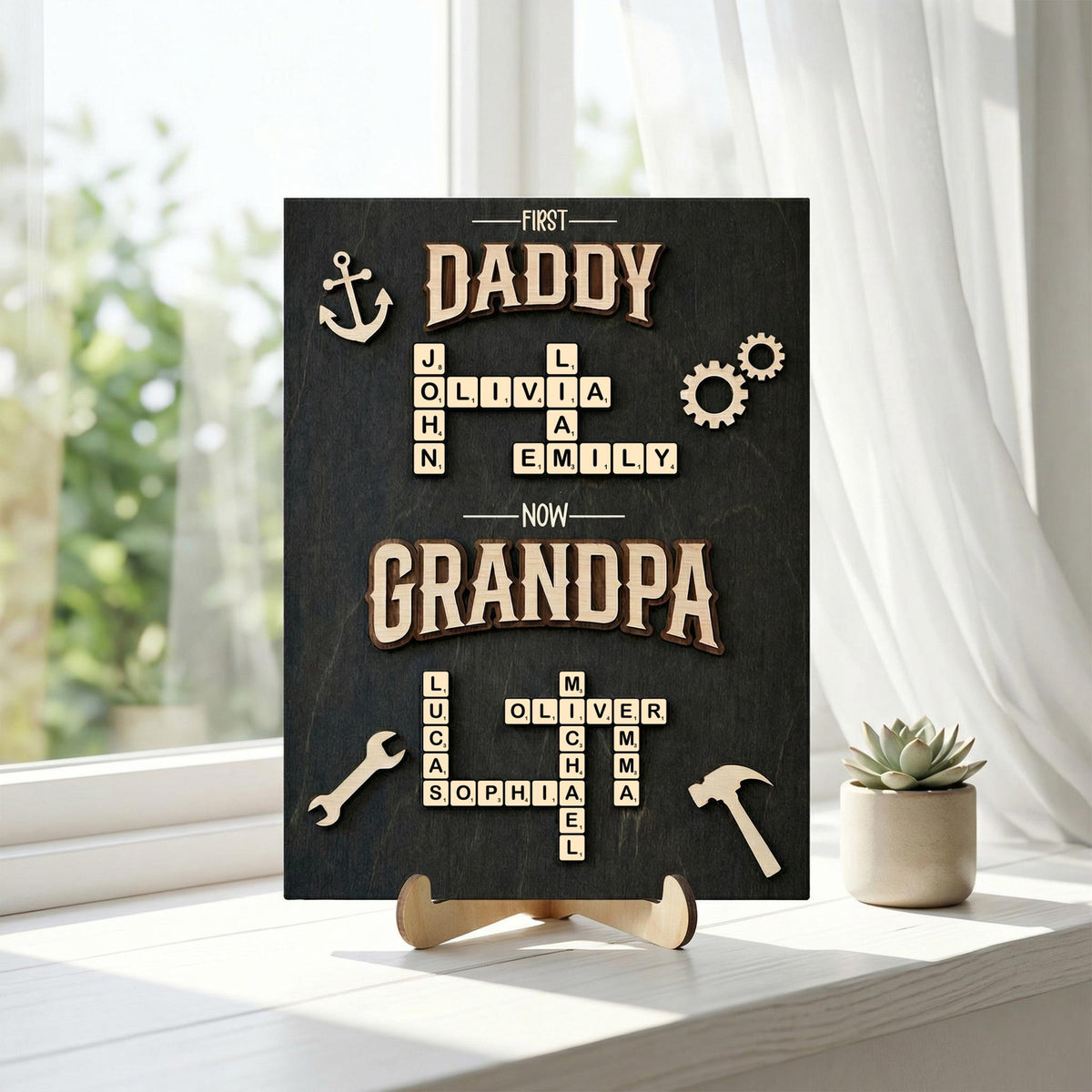 Personalized Scrabble Family Name Sign, First Dad Now Grandpa Wooden Frame, Fathers Day Gift For Grandpa With Kids Name,Dad Puzzle Sign Gift