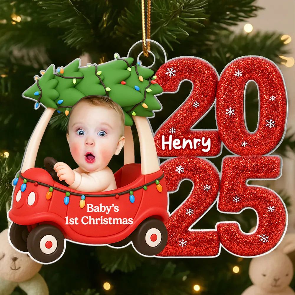 Baby In Car Upload Photo Christmas - Personalized Acrylic Ornament - Christmas Gift For New Parent, Newborn Keepsake