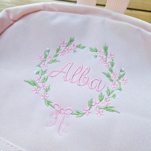 Flower Frame Backpack, Personalised Embroidered Girls Bag, Back to School, Nursery Bag, Floral Wreath