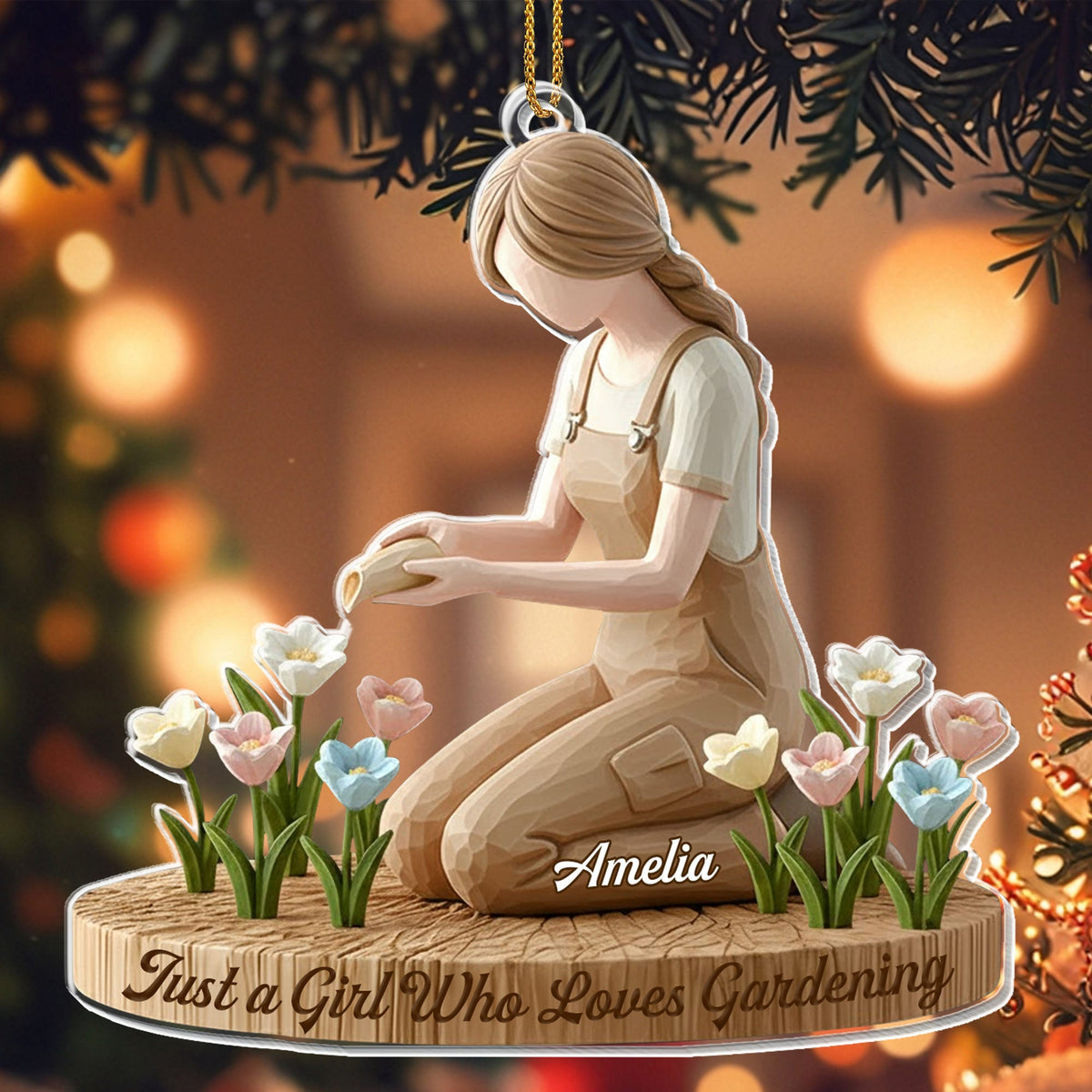 Just A Girl Who Loves Gardening With Flowers, Custom Acrylic Ornament, Gift For Gardening Lovers