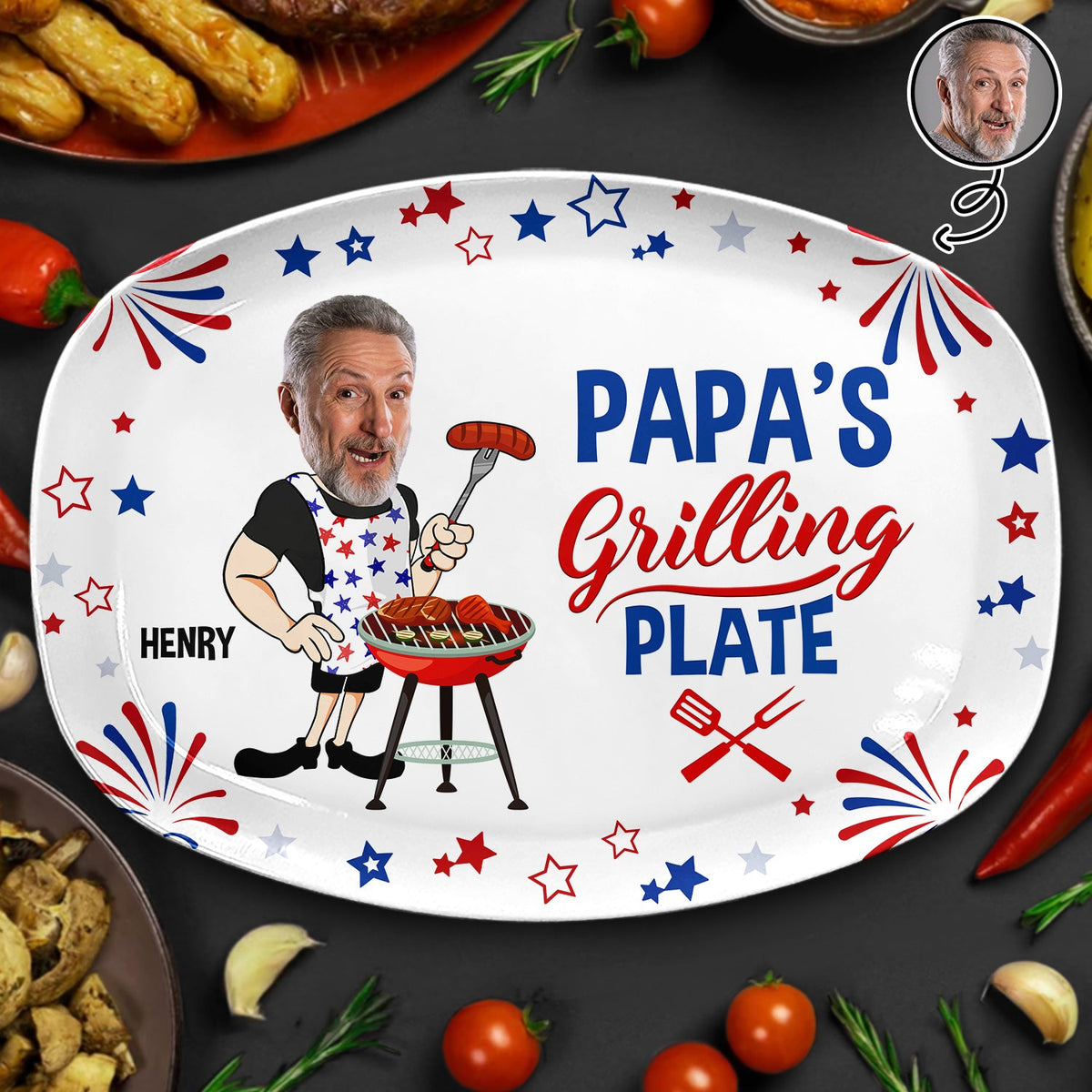 Custom Photo Papa's Grilling Plate Stars & Strips - Personalized Platter - 4th Of July Gift, Patriotic Gift For Family, Gift For Grilling Dad