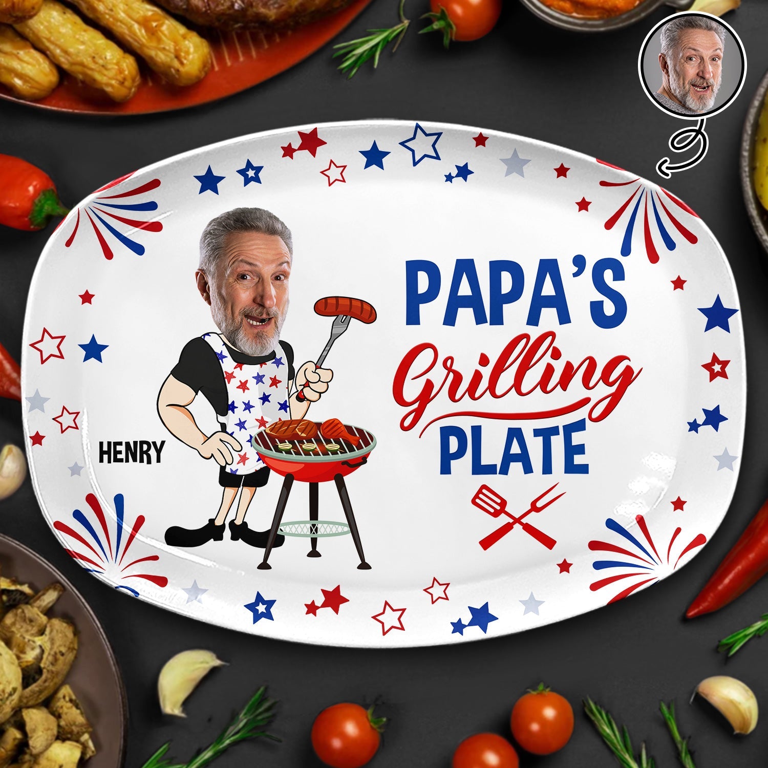 Custom Photo Papa's Grilling Plate Stars & Strips - Personalized Platter - 4th Of July Gift, Patriotic Gift For Family, Gift For Grilling Dad