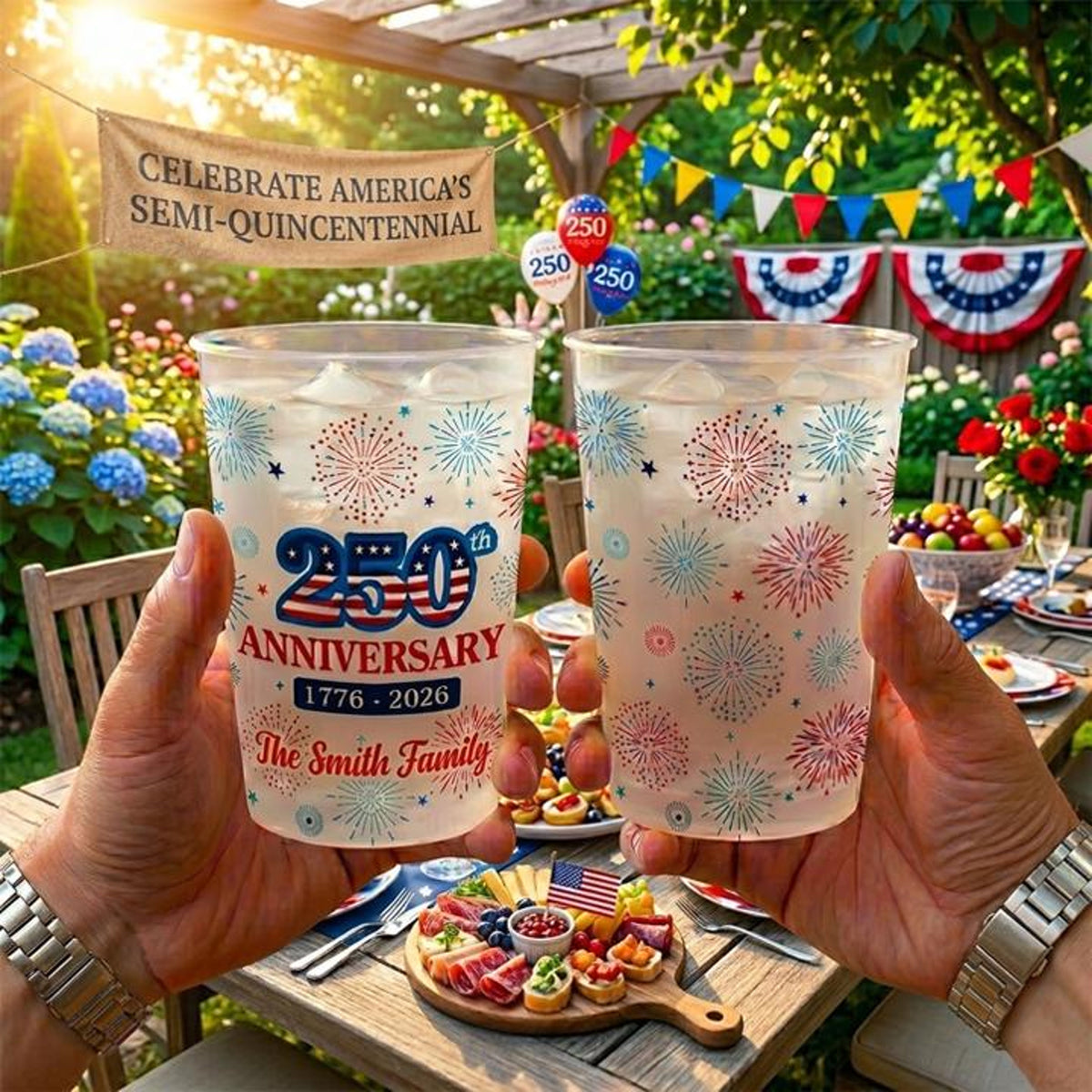 Personalized Family Name USA 250th Anniversary Fireworks Stadium Frosted Cup, Patriotic Party Decor, 4th of July Cup