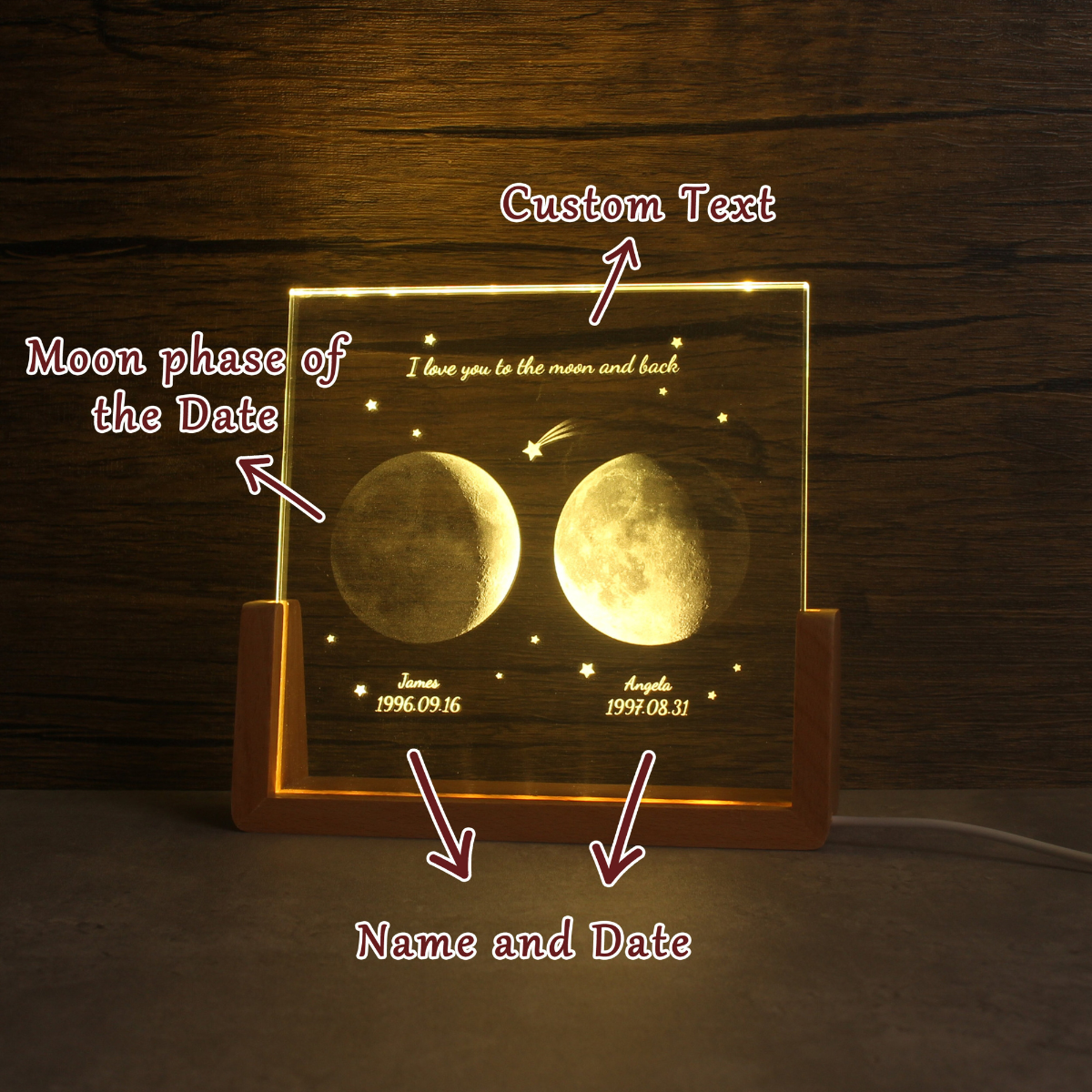 Personalized Moon Phase Desk Name Plate Night Light, Custom Moon Crystal Nightlight, The Night We Met Anniversary Gift