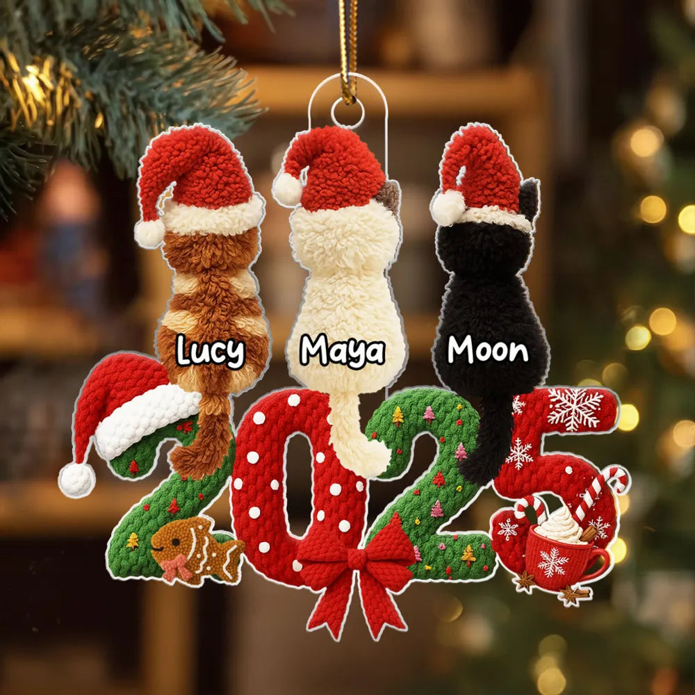 2025 Cat Lovers 3D Faux Yarn Effect - Personalized Acrylic Ornament - Christmas Gift for Cat Moms, Cat Dads