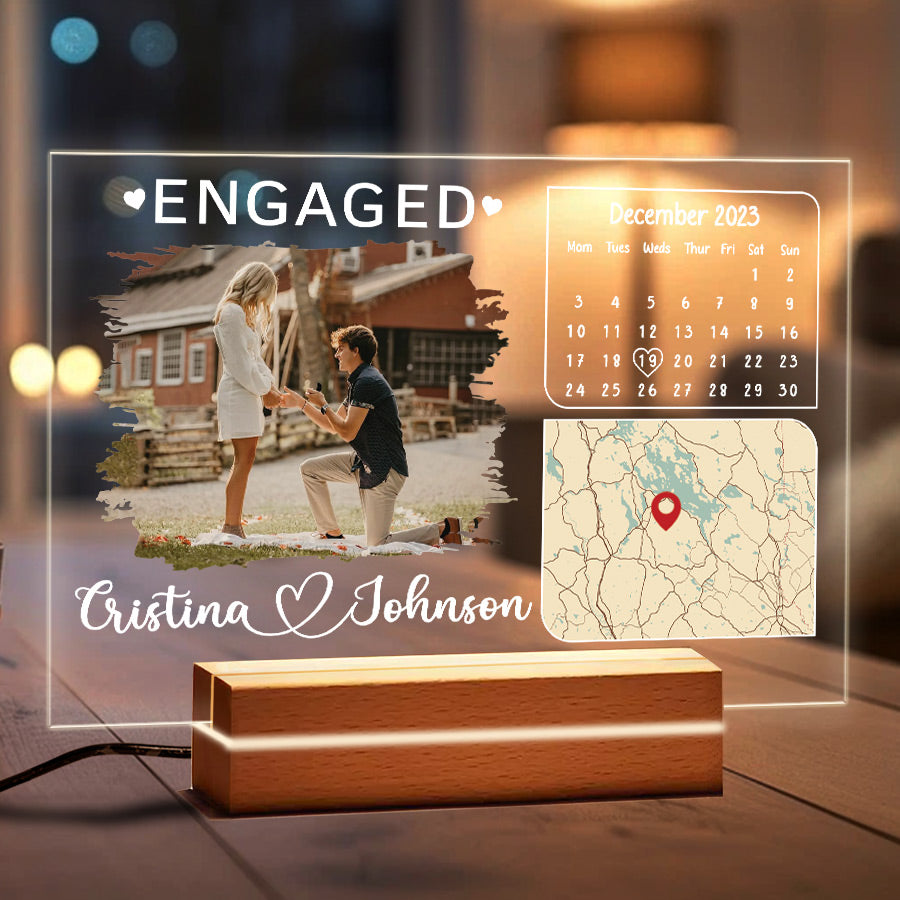 Engaged Date Custom Couple Photo - Personalized 3D LED Light Wooden Base - Gift For Couple