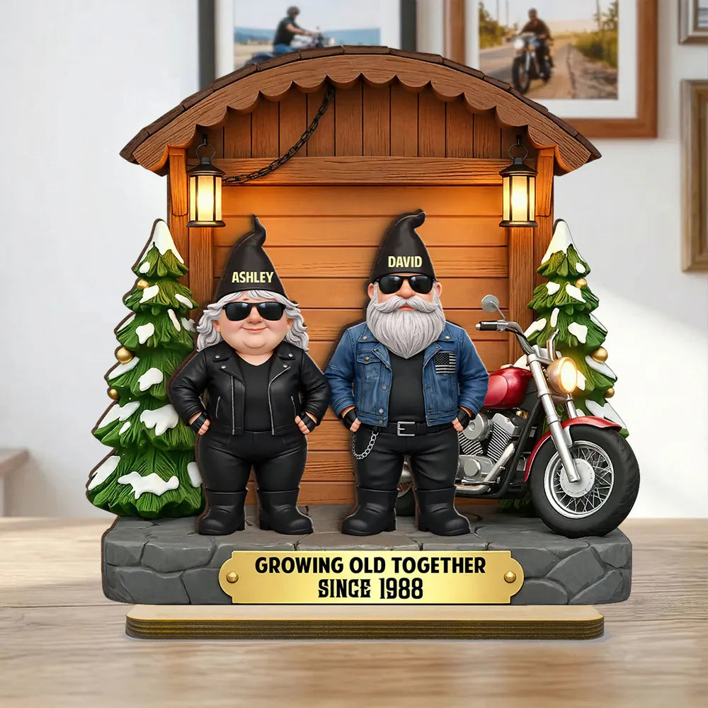 Growing Old Together Biker Couple - Personalized Wooden Plaque With Flat Base - Anniversary, Valentine's Day Gift For Couple