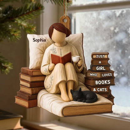 Just A Girl Who Loves Books & Black Cat 3D Effect - Personalized Wooden Ornament - Christmas Gift For Book Lover, Bookworm