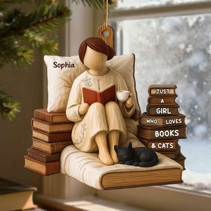 Just A Girl Who Loves Books & Black Cat 3D Effect - Personalized Wooden Ornament - Christmas Gift For Book Lover, Bookworm