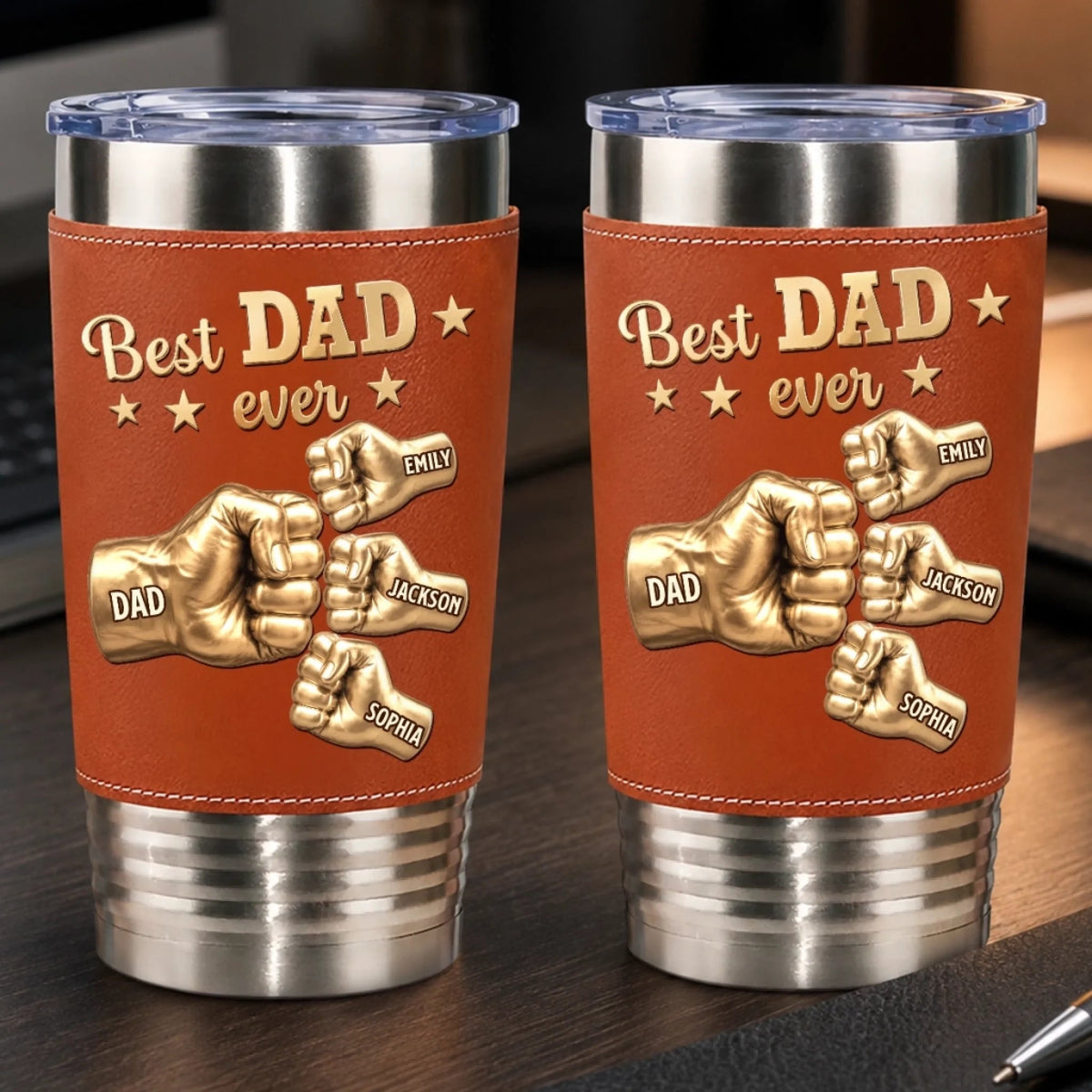 Best Dad Ever Fist Bump - Personalized Leather Tumbler - Gift For Dad, Gift For Grandpa, Father's Day Gift