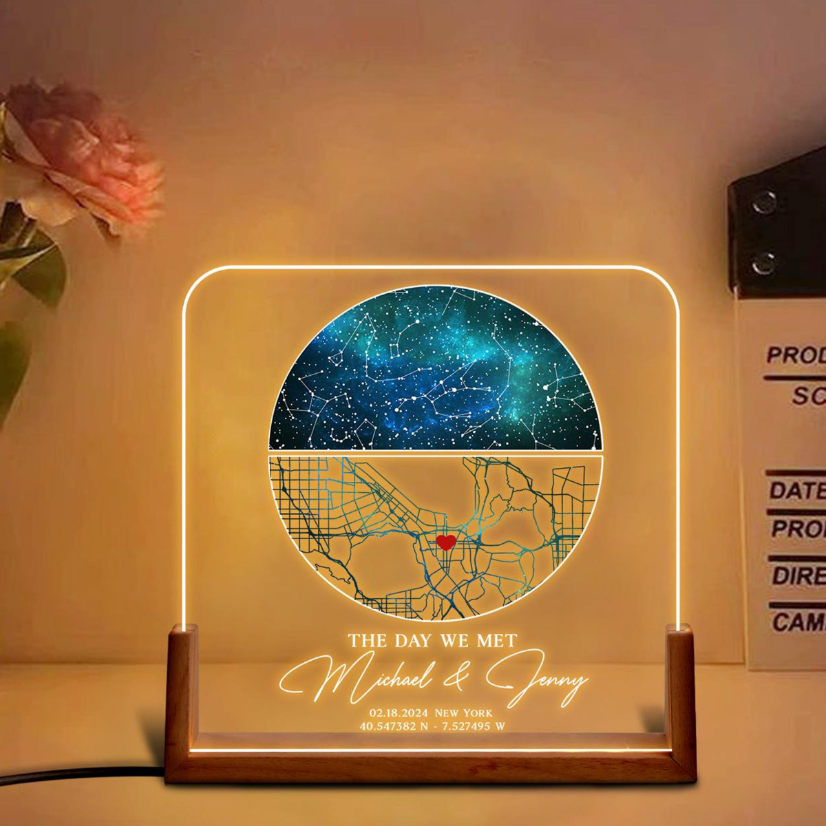 Our First Date Map Night Light, Star Map Desk Name Plate, Stars Chart Gift for Boyfriend Girlfriend, Anniversary Gift for Couple
