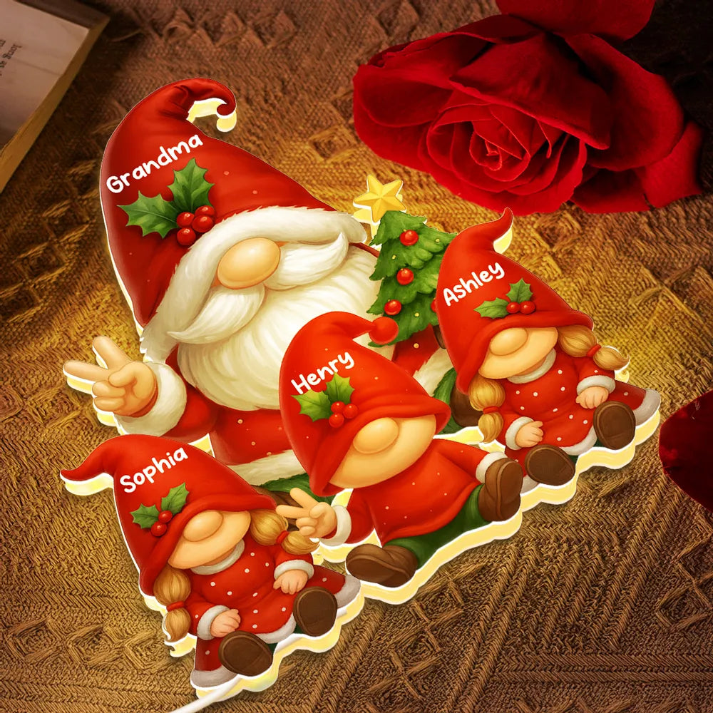 Gnome Grandma & Grandkids Festive Holiday - Personalized Acrylic Light Box - Christmas Decor, Christmas Gift for Grandma