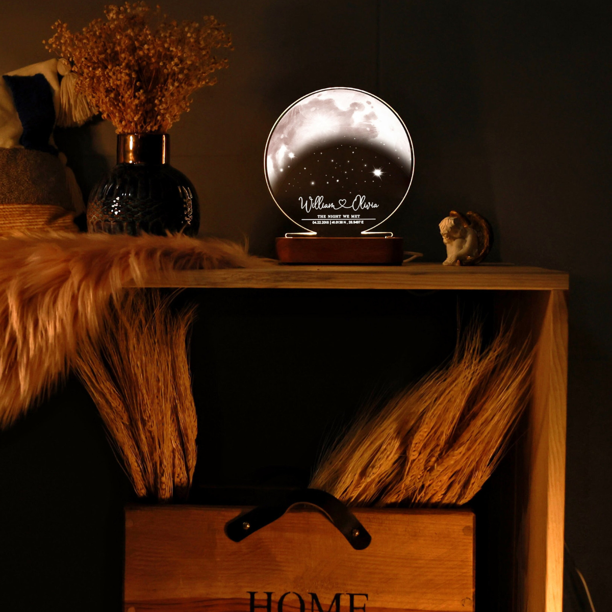 Custom Moon Phase Unique Wedding Gift Idea, Acrylic Moon LED Light Wooden Base, Gift For Couple