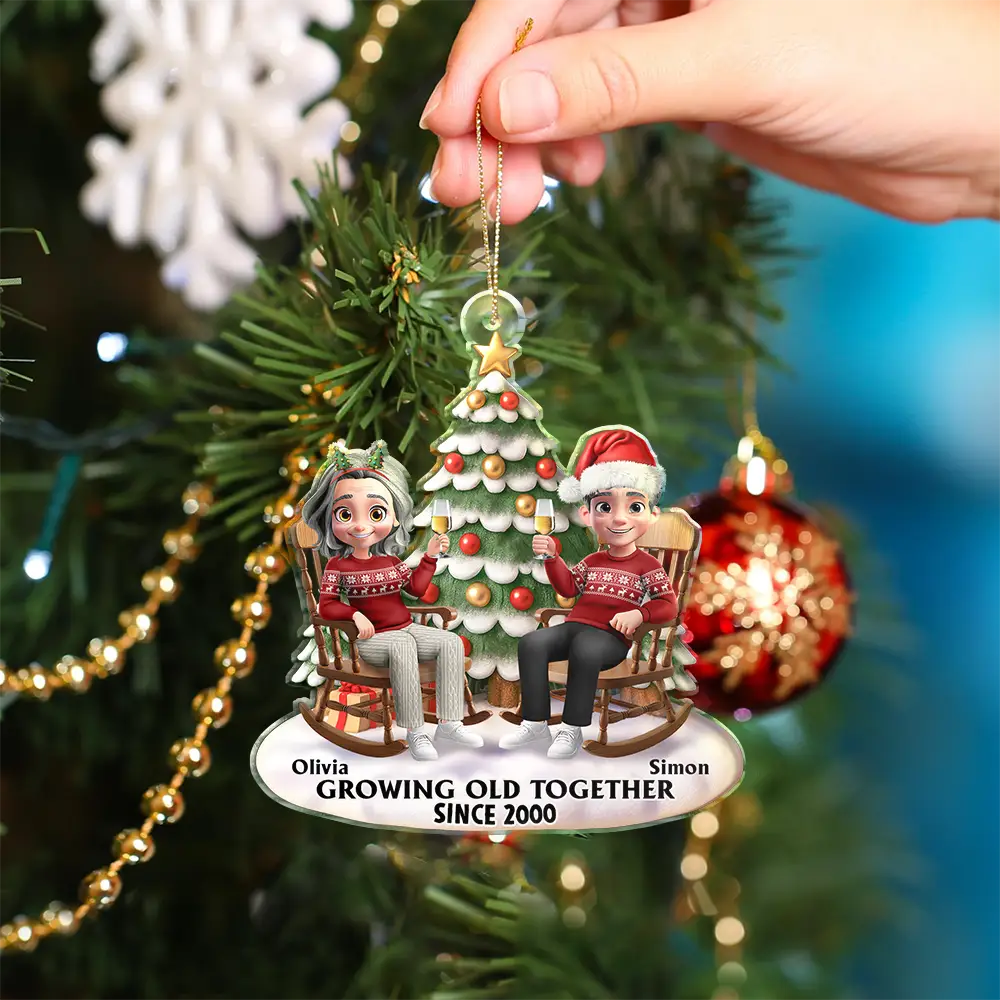 Growing Old Together 3D Effect Couple Sitting - Personalized Custom Shaped Acrylic Ornament - Christmas Gift For Couple
