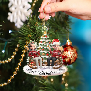 Growing Old Together 3D Effect Couple Sitting - Personalized Custom Shaped Acrylic Ornament - Christmas Gift For Couple