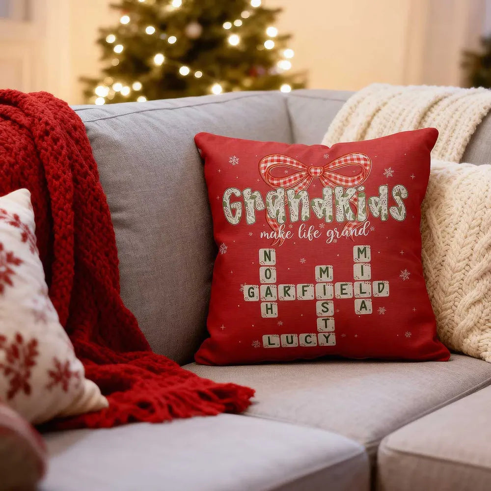 Grandkids Make Life Grand Coquette Floral Christmas Pattern Crossword Puzzle Art - Personalized Pillow - Christmas Gift For Family